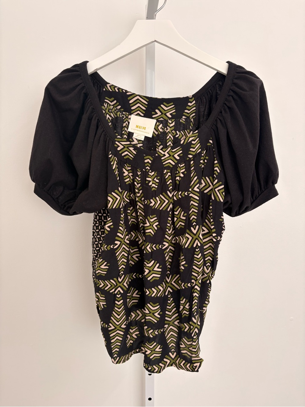 Anthropologie Maeve Black Top with Olive Green & Cream Chevron Print
